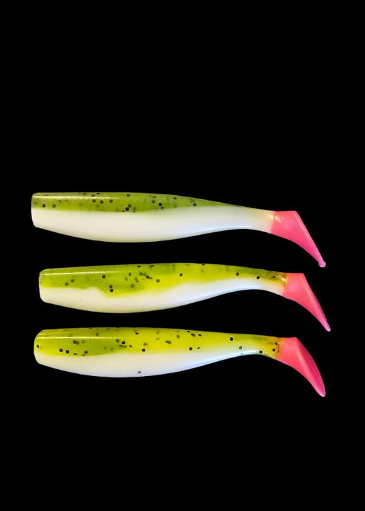 J-MINNOW HOT TAIL 6 INCH - LIME TIGER / GLOW PINK  Paddle tail soft plastic lure